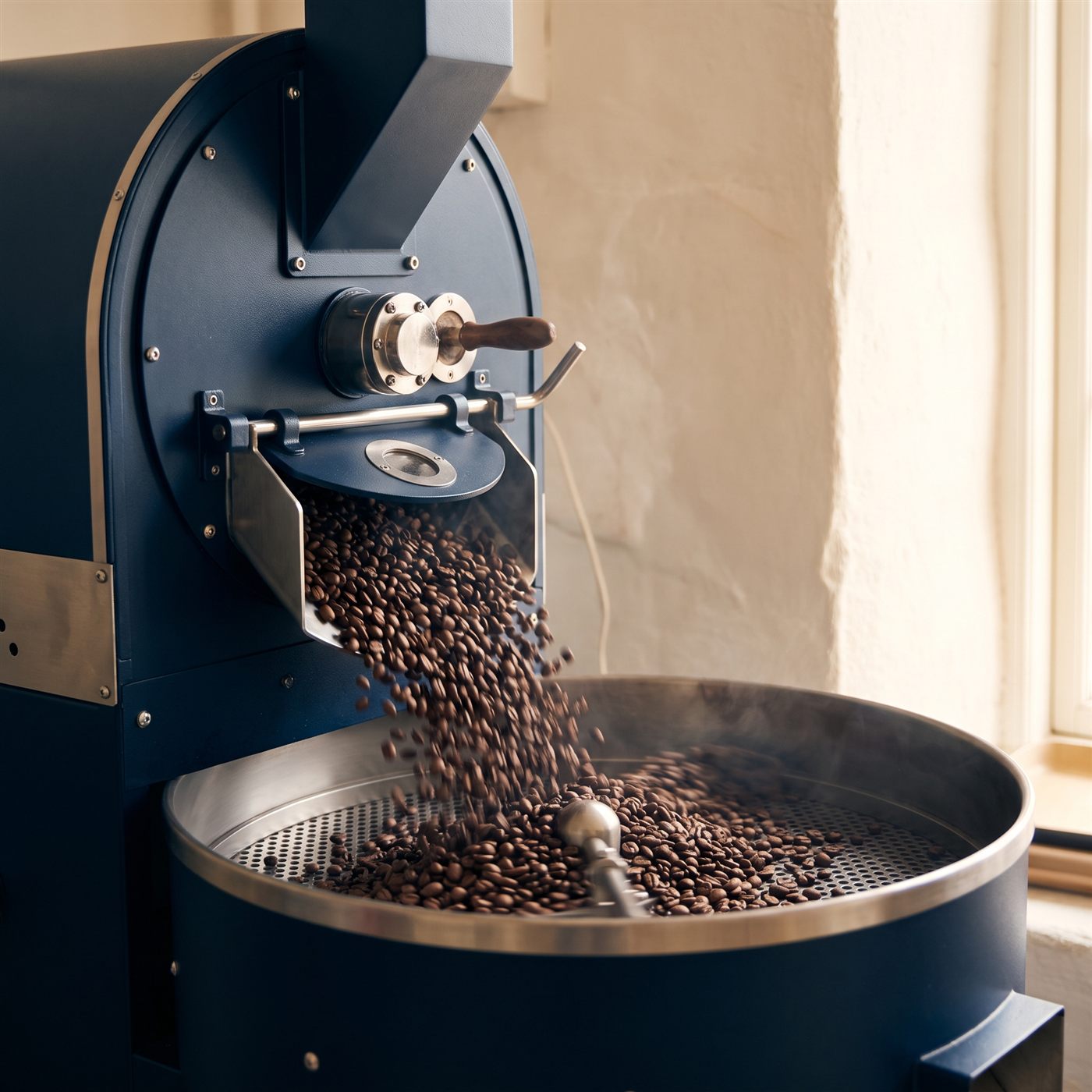 Freshly roasted beans pouring from the navy drum roaster into the cooling tray